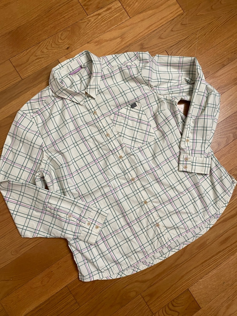 L.L. Bean Cream Plaid Button-Down Shirt with Green and Purple Lines